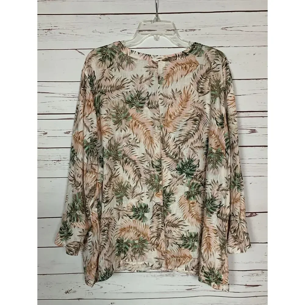 J.Jill Women's Plus Size 3X Pink Print 100% Linen Long Sleeve Summer Top Blouse